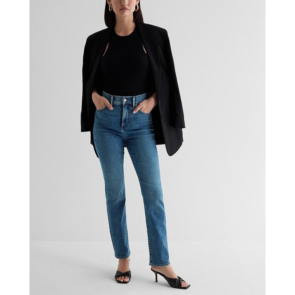 Express Slim Ankle Super High Rise Jeans Size 2/R Stretch Denim Medium Blue Wash